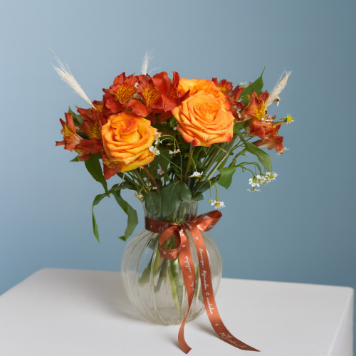 Букет из оранжевых роз в вазе. Сет арт. 82234